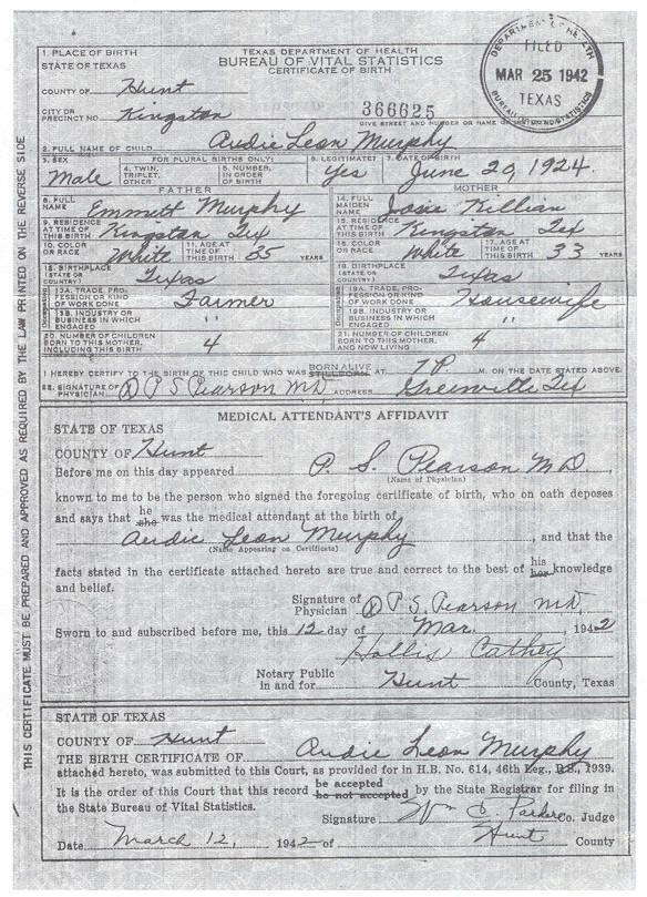 audie murphy - birth certificate